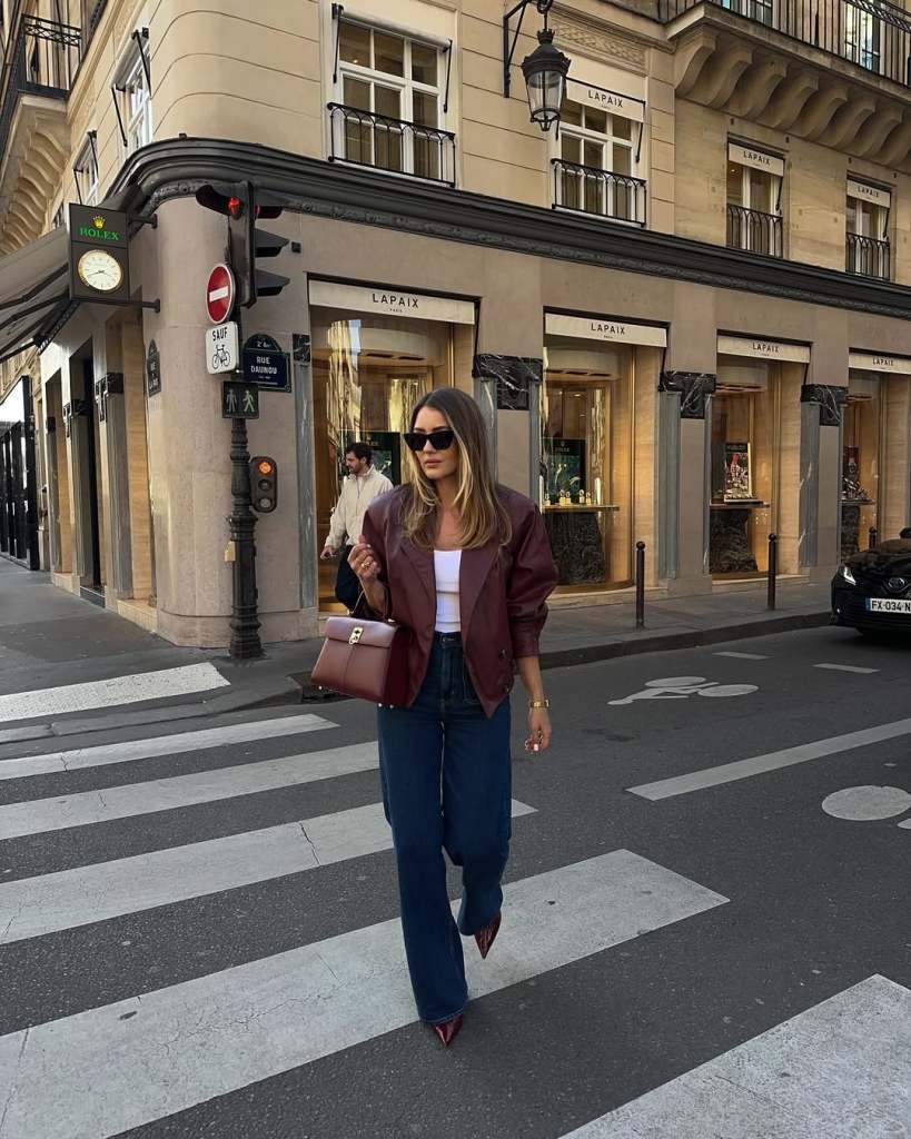 Burgundy leather jacket with wide-leg jeans — Classy Jacket Outfits