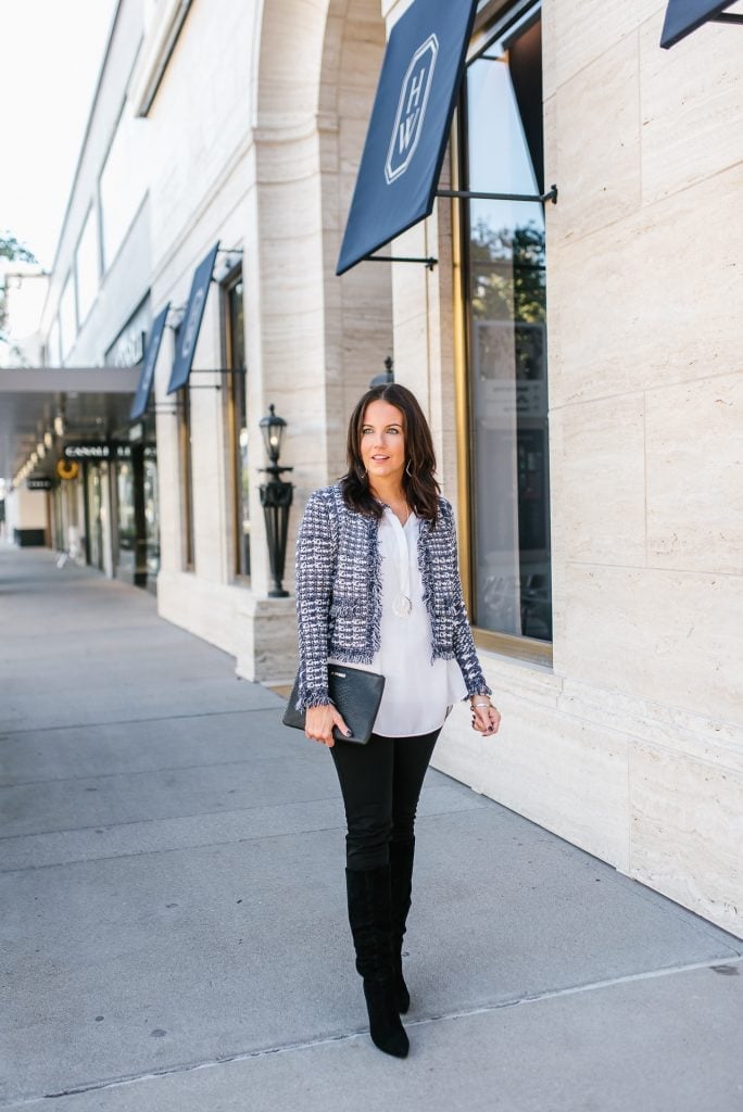 Blue and white tweed jacket with black trousers, Clutch Bag — Classy Jacket Outfits