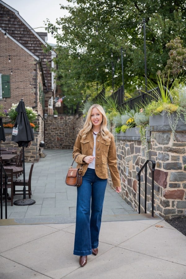 Tan corduroy jacket with dark wash wide-leg jeans — Classy Jacket Outfits