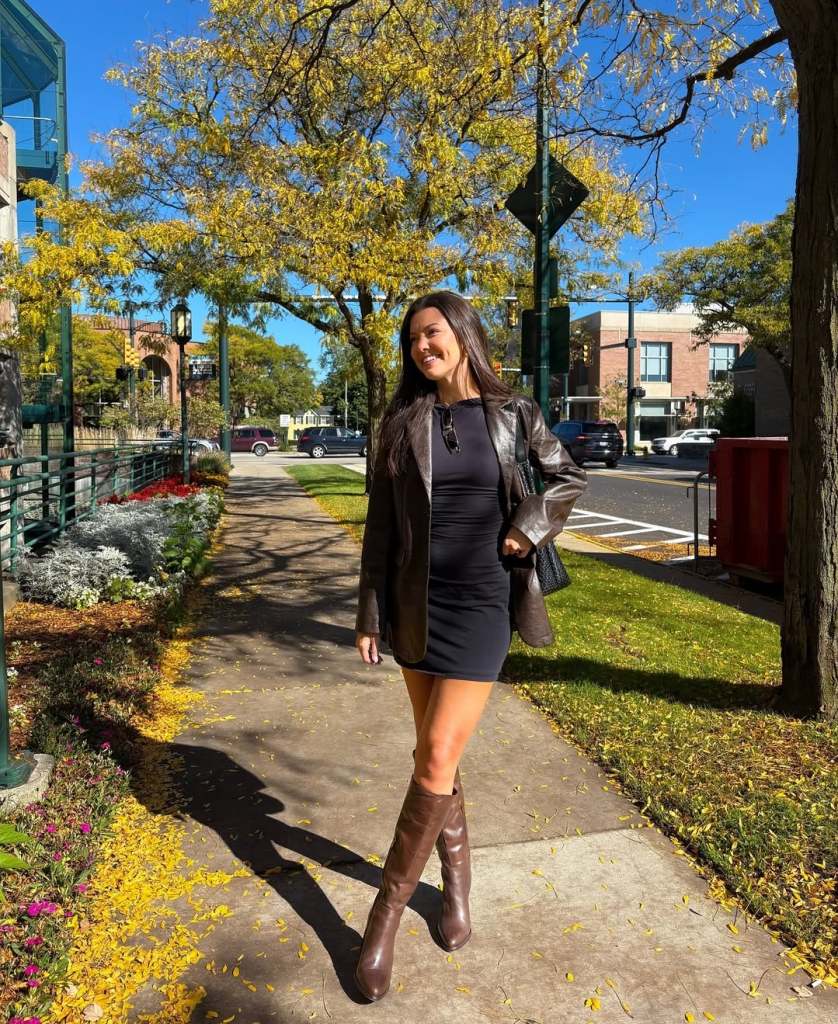 Oversized brown leather blazer with black mini dress — Classy Jacket Outfits
