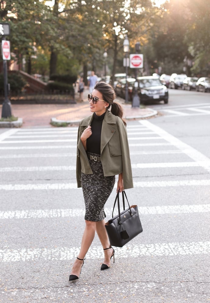 Olive green cropped jacket with tweed pencil skirt — Classy Jacket Outfits