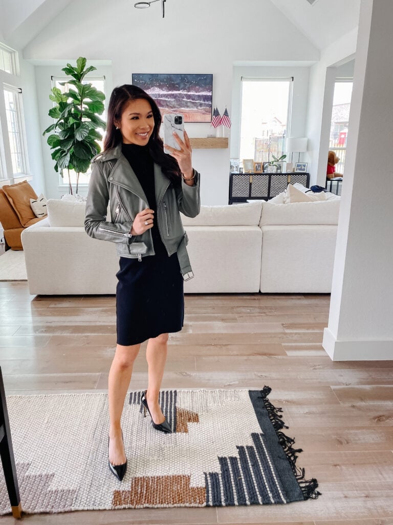Gray leather moto jacket with black turtleneck dress — Classy Jacket Outfits