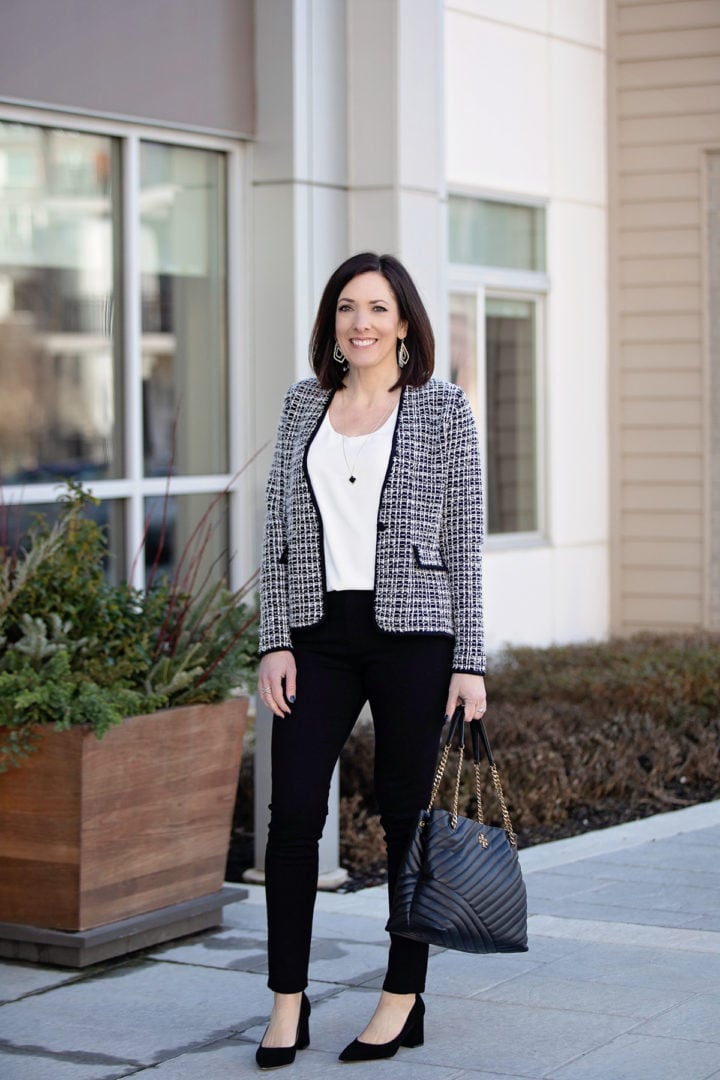 Black and white tweed jacket with slim black trousers — Classy Jacket Outfits