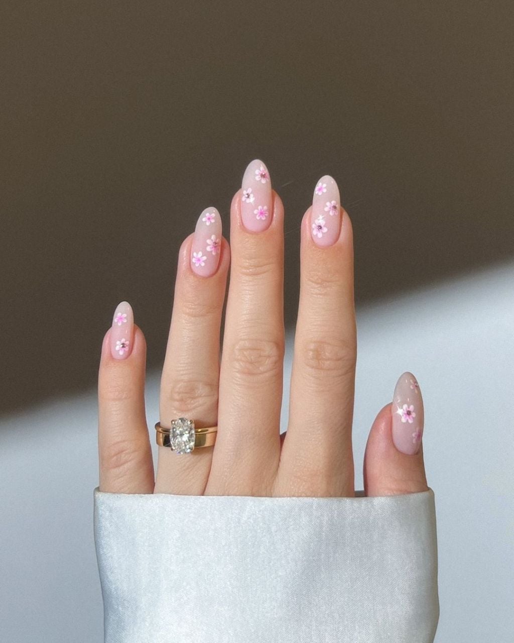 Short Almond Jelly Nails With Pink Floral Decals — Classy Jelly Nails