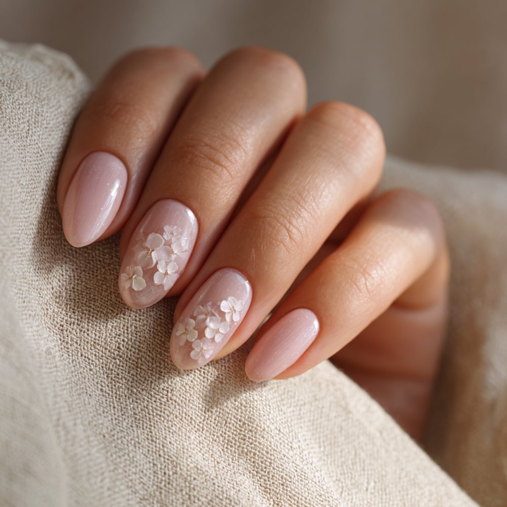 Short Oval Jelly Nails With 3D White Florals — Classy Jelly Nails