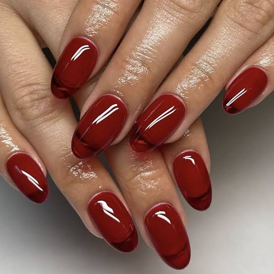 Deep Red Jelly Oval Nails With Dark Border — Classy Jelly Nails