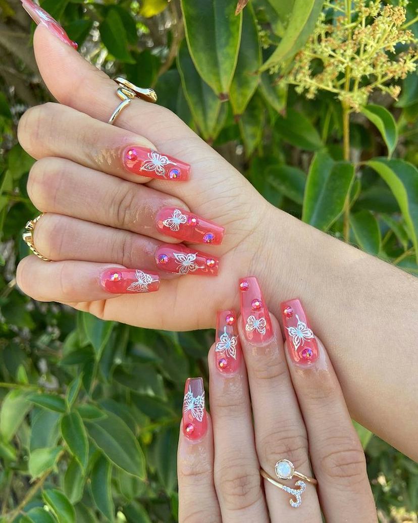 Stiletto Nails With Mint Green Wave and Pearl Design — Classy Jelly Nails