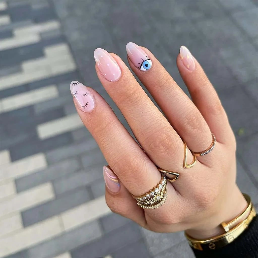 Sheer Pink Almond Nails With Eye and Lash Art — Classy Jelly Nails