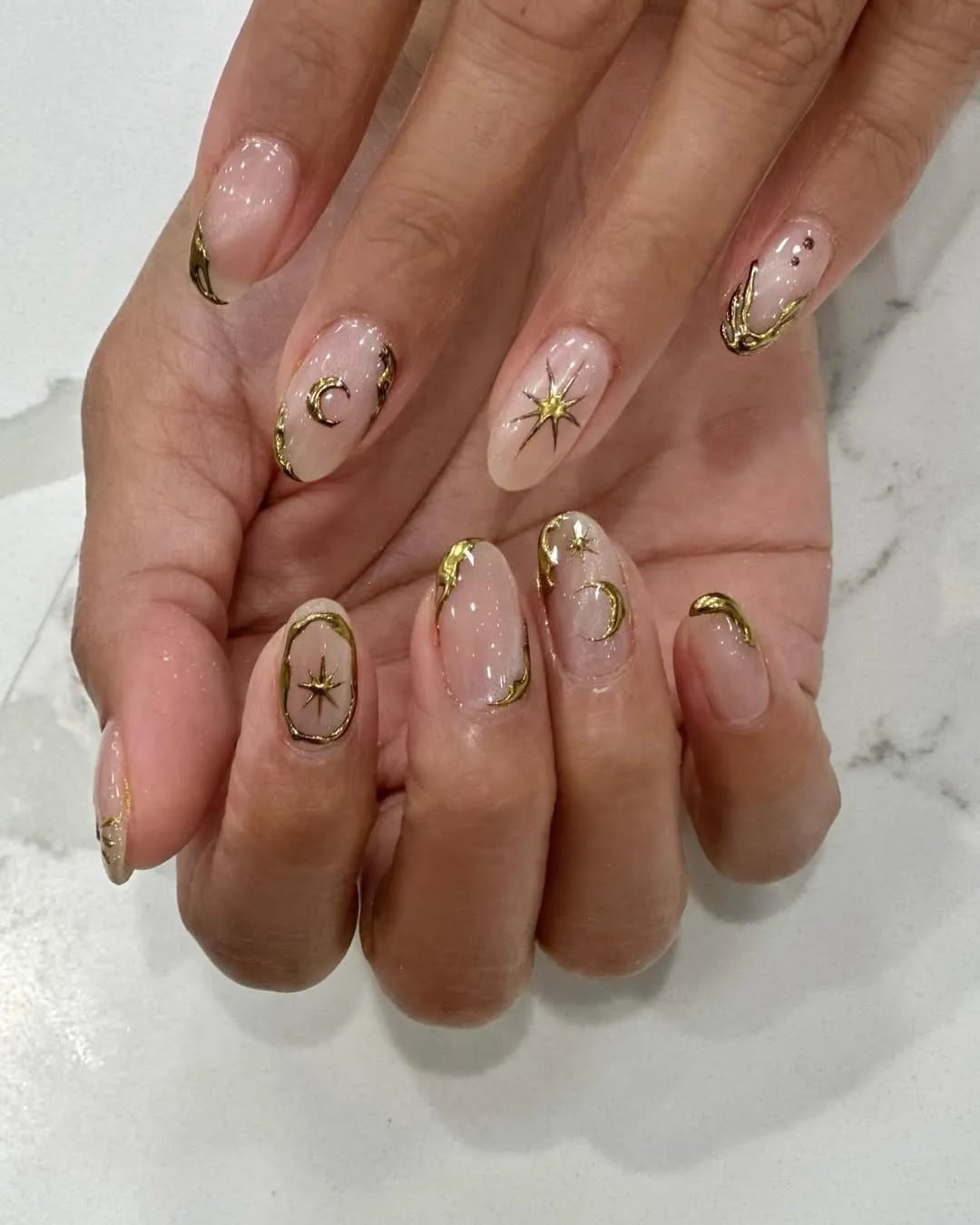 Clear Almond Nails With Gold Celestial Foil Accents — Classy Jelly Nails