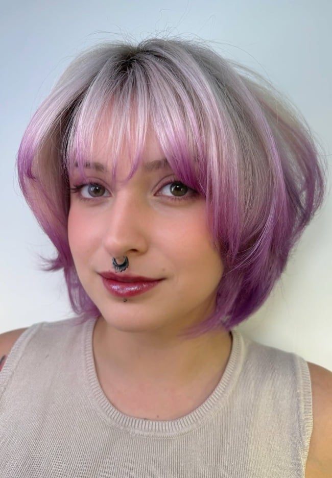 Ear Length Bob With Wispy Bangs Silver And Lavender — Classy Lavender Hair