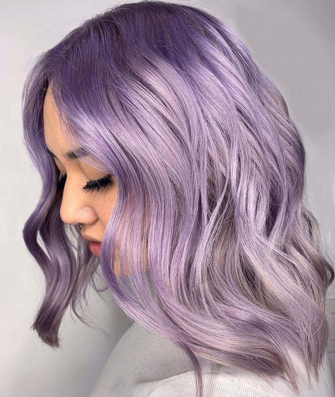 Collarbone Lob With Curtain Bangs And Lavender Balayage — Classy Lavender Hair