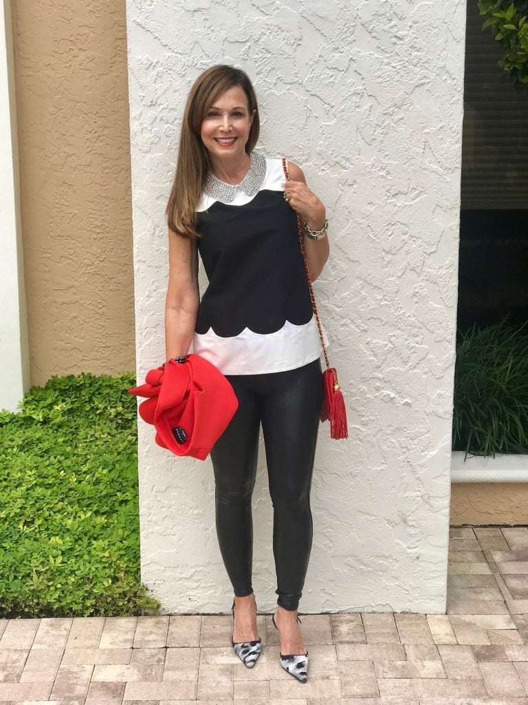 Leather-Like Leggings with Scalloped Top and Red Jacket — Classy Leggings Outfits