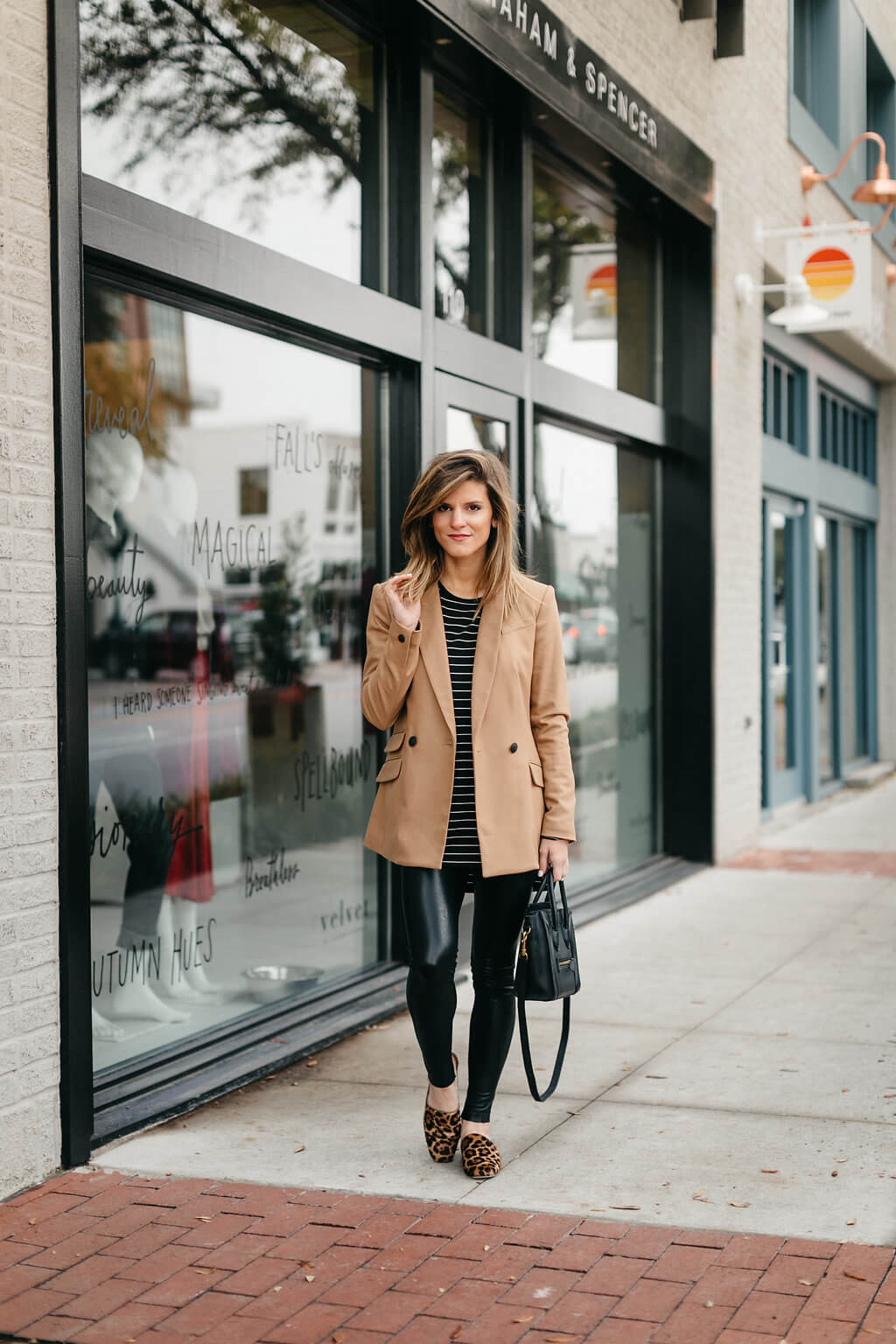 Leather Leggings with Striped Tee and Camel Blazer — Classy Leggings Outfits