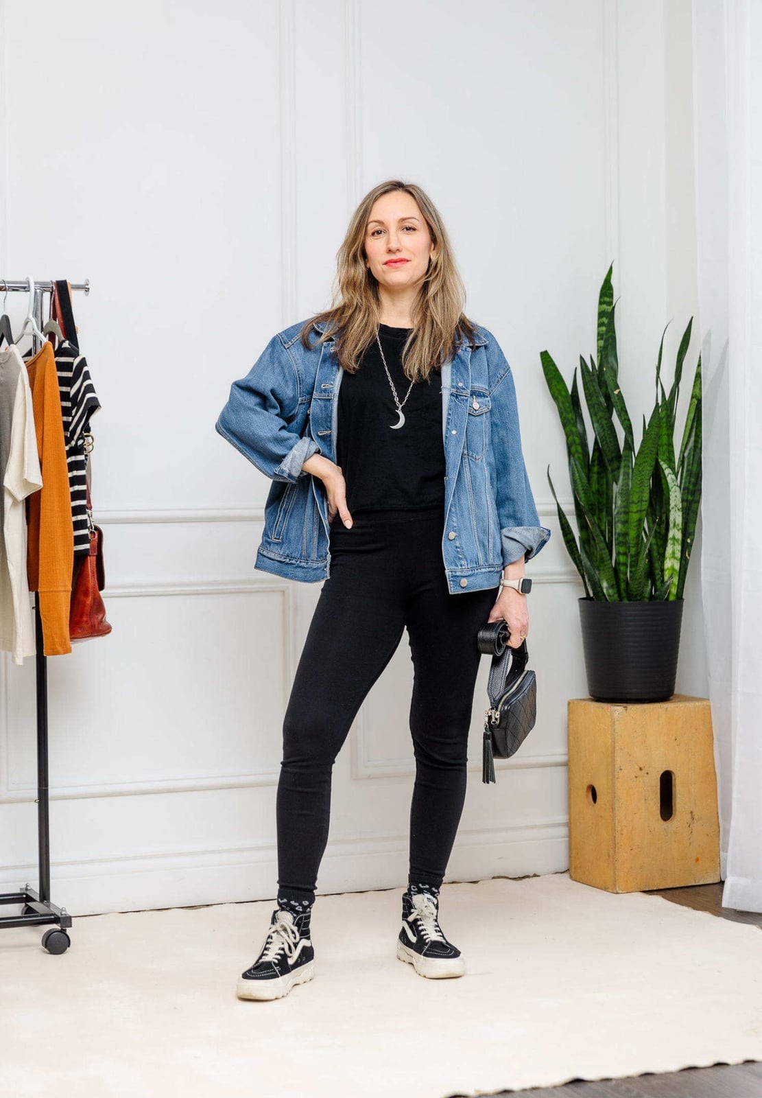 Denim Jacket and High-Tops Layered with Black Leggings — Classy Leggings Outfits