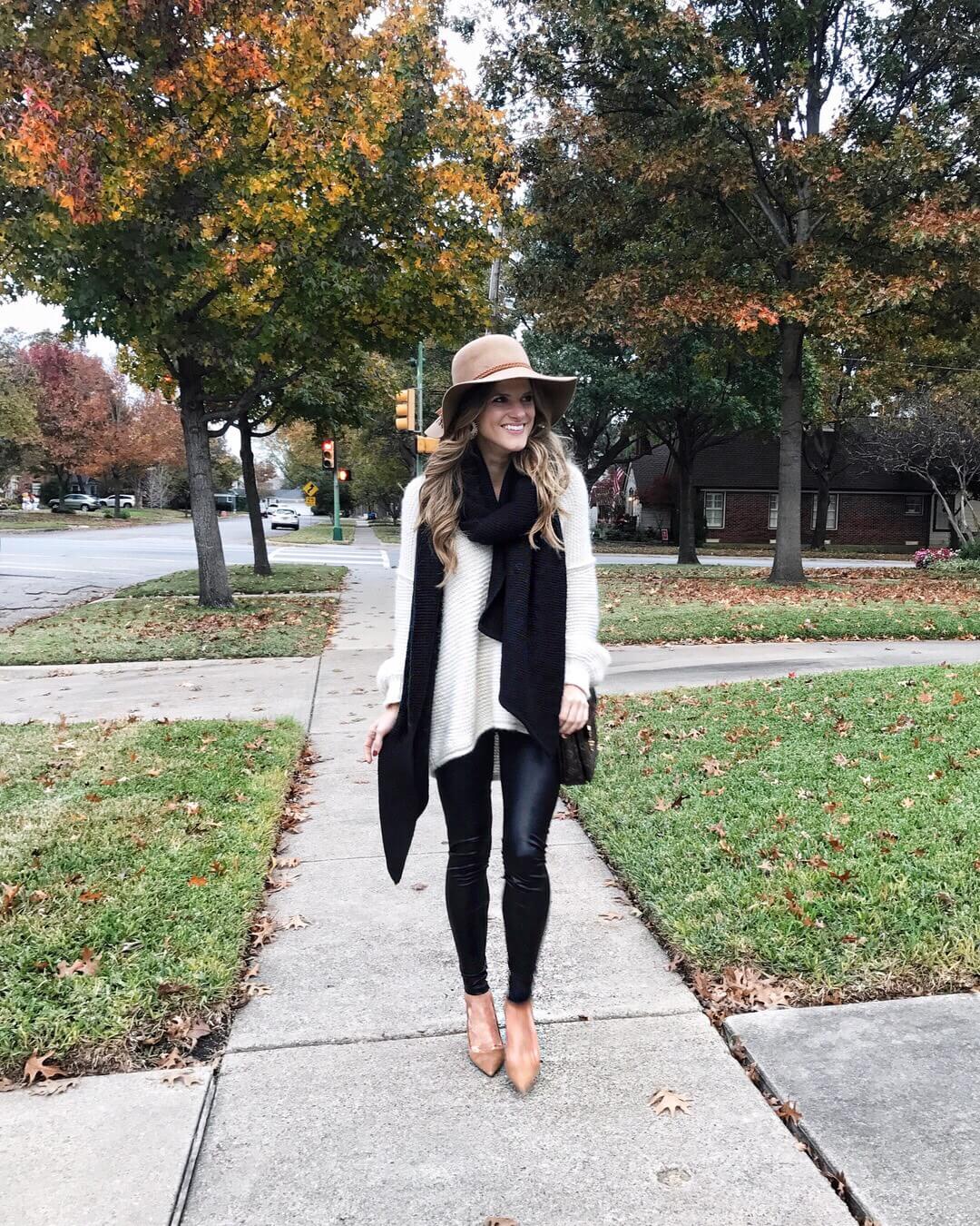 Oversized Sweater and Fedora Hat with Black Leggings — Classy Leggings Outfits