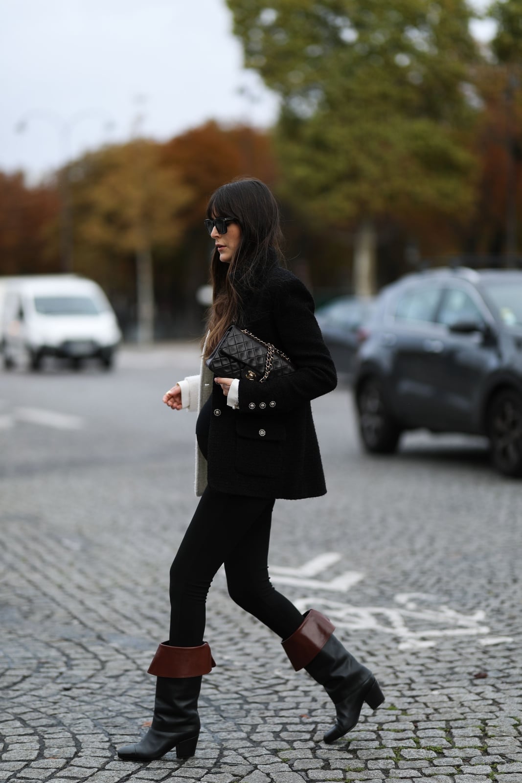 Tweed Blazer and Tall Boots Pair with Black Leggings — Classy Leggings Outfits
