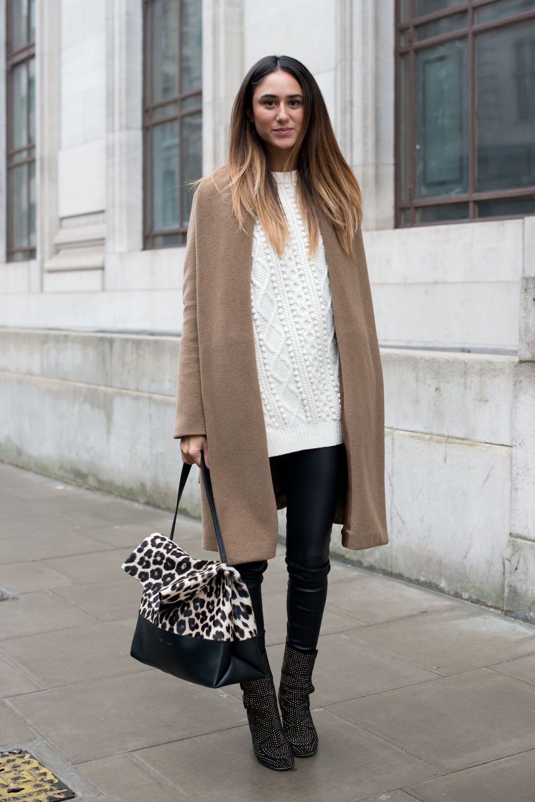 Cape Scarf and Cable Knit Sweater with Black Leggings — Classy Leggings Outfits
