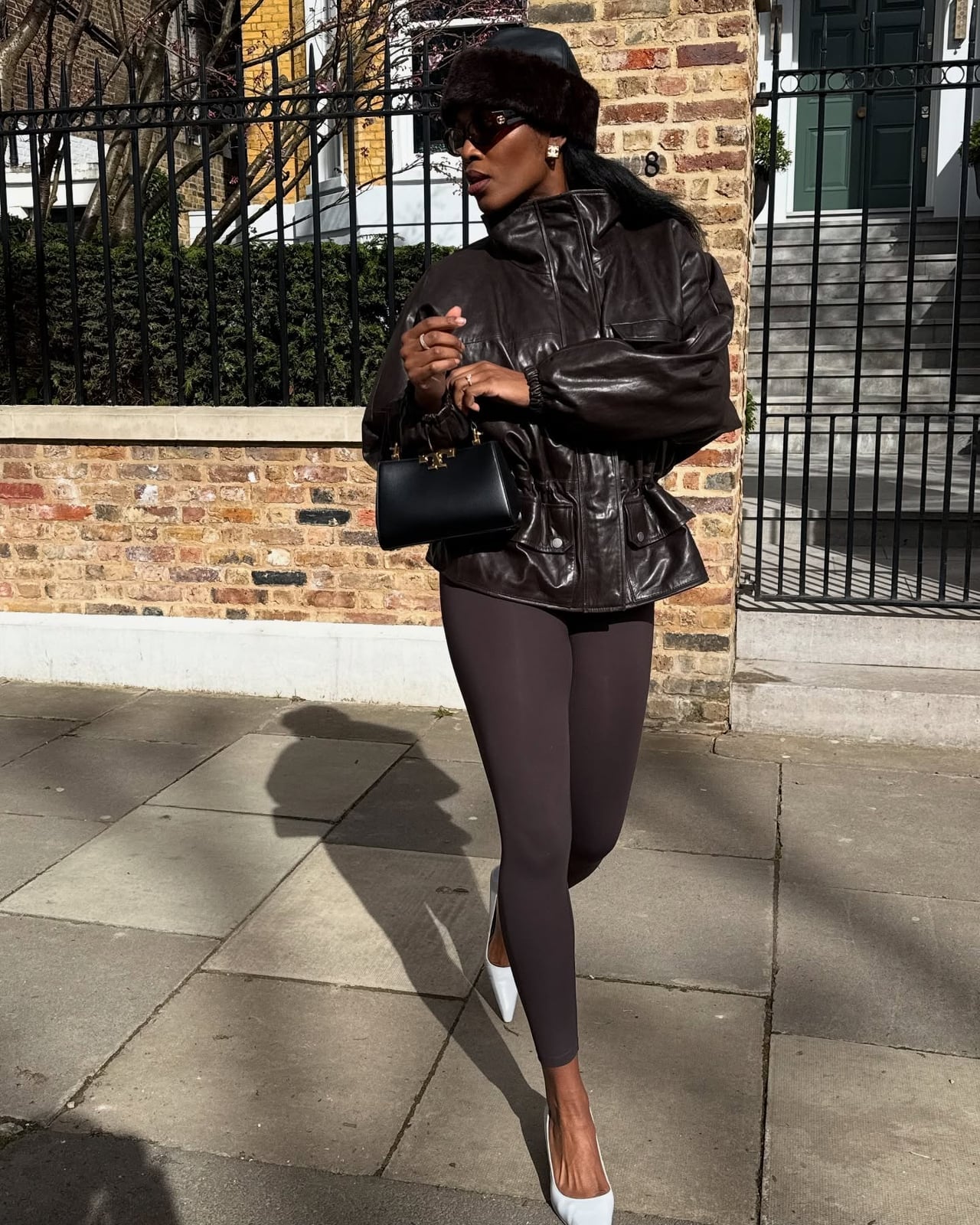 Leather Jacket and Hooded Top with Brown Leggings — Classy Leggings Outfits