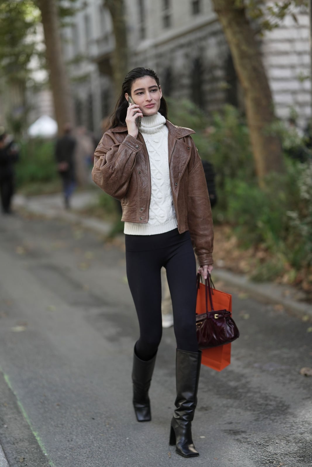 Leather Jacket and Cable Knit Sweater with Black Leggings — Classy Leggings Outfits