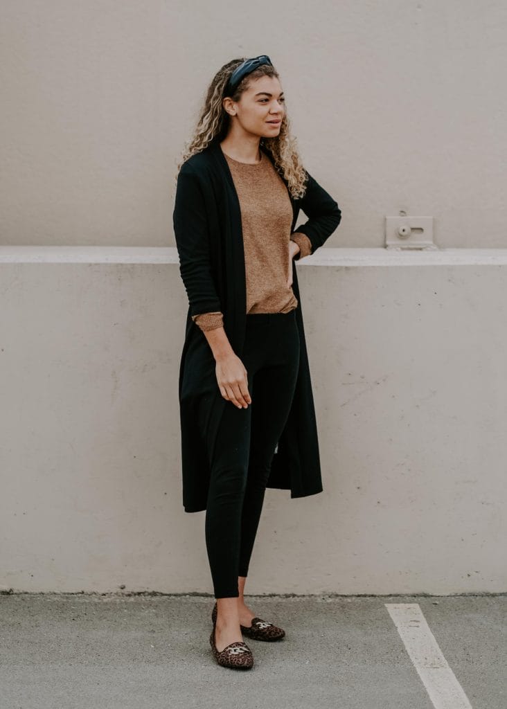 Long Cardigan and Crew Neck Sweater with Black Leggings — Classy Leggings Outfits