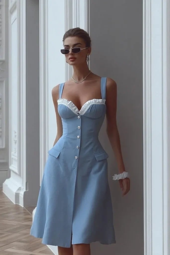 Light blue dress with ruffled bustier and button front — Classy Light Blue Outfits