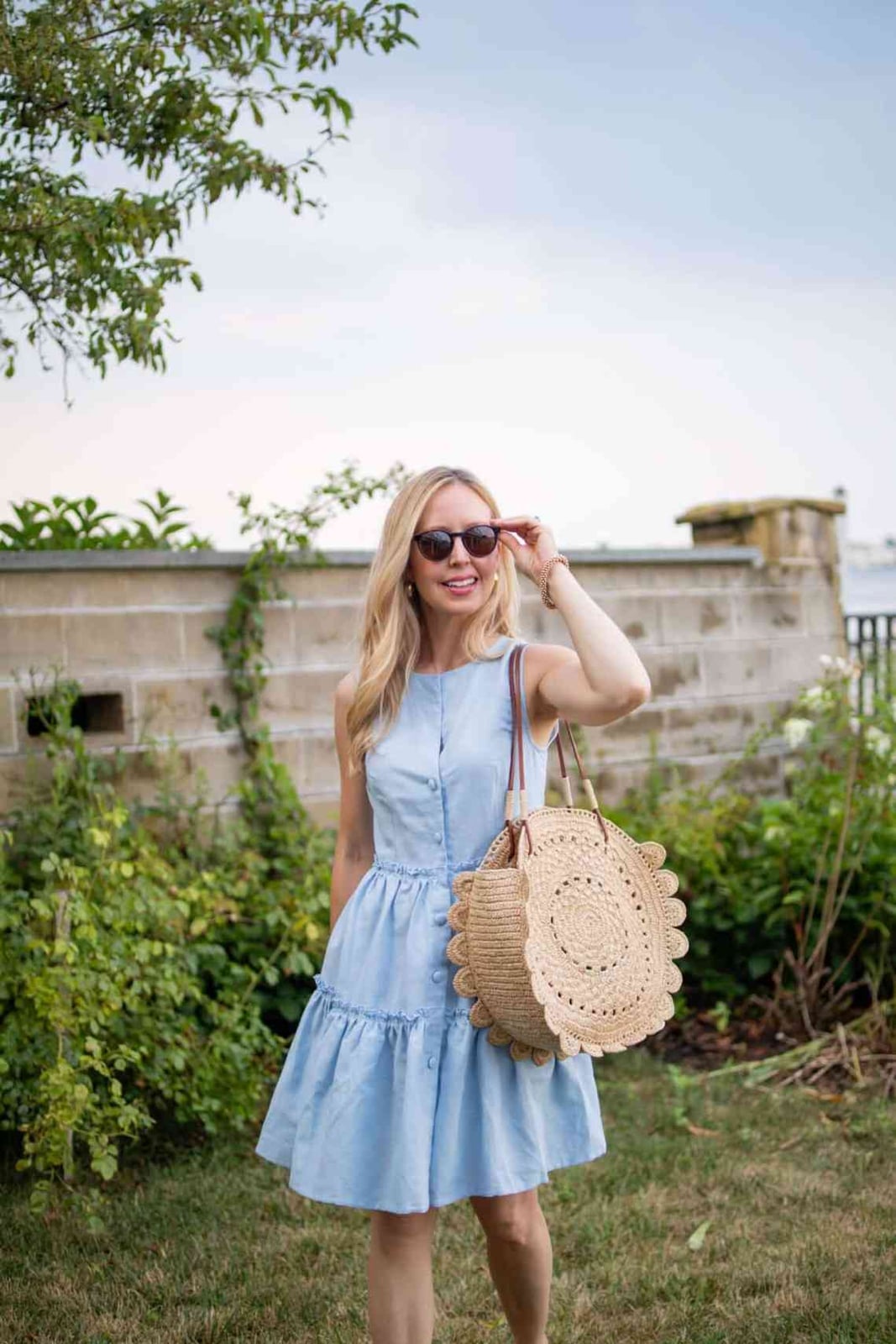 Light blue tiered button-front linen-like dress — Classy Light Blue Outfits