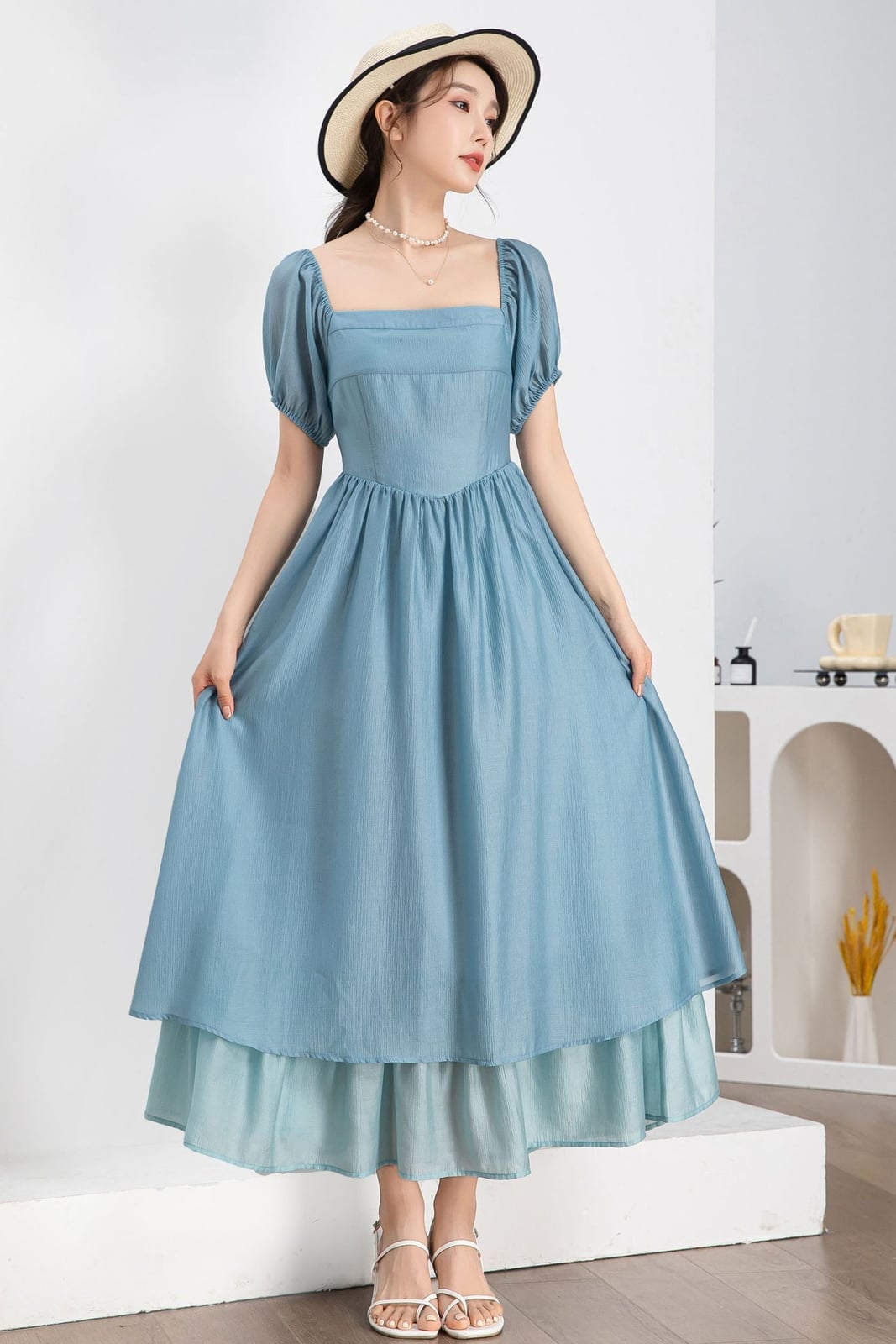 Blue terylene midi dress with puff sleeves — Classy Light Blue Outfits