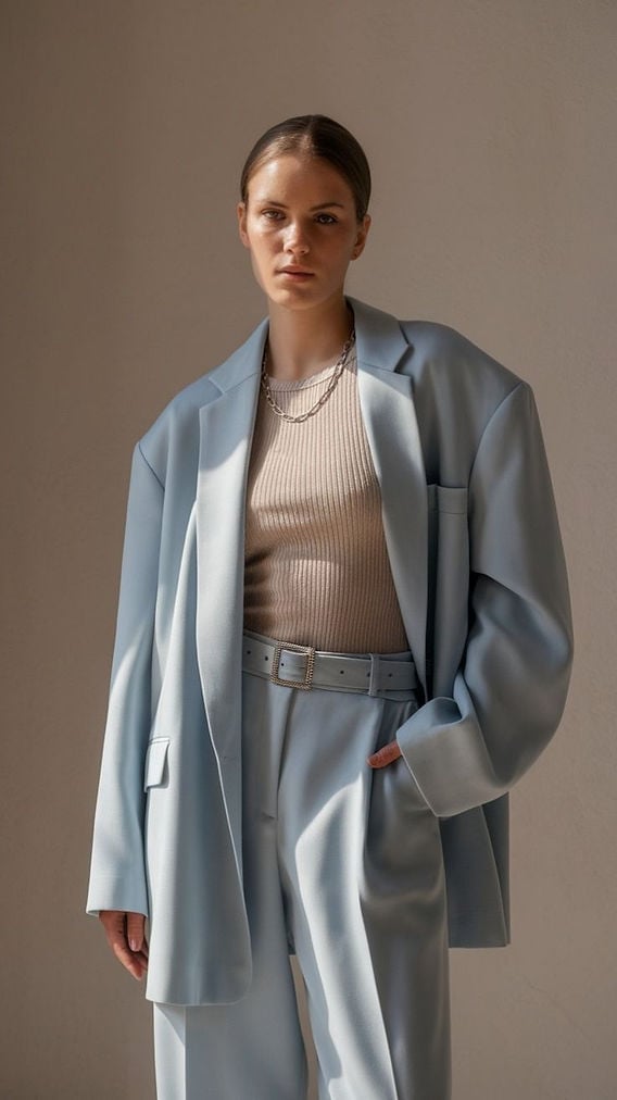 Oversized powder blue blazer with wide-leg trousers — Classy Light Blue Outfits