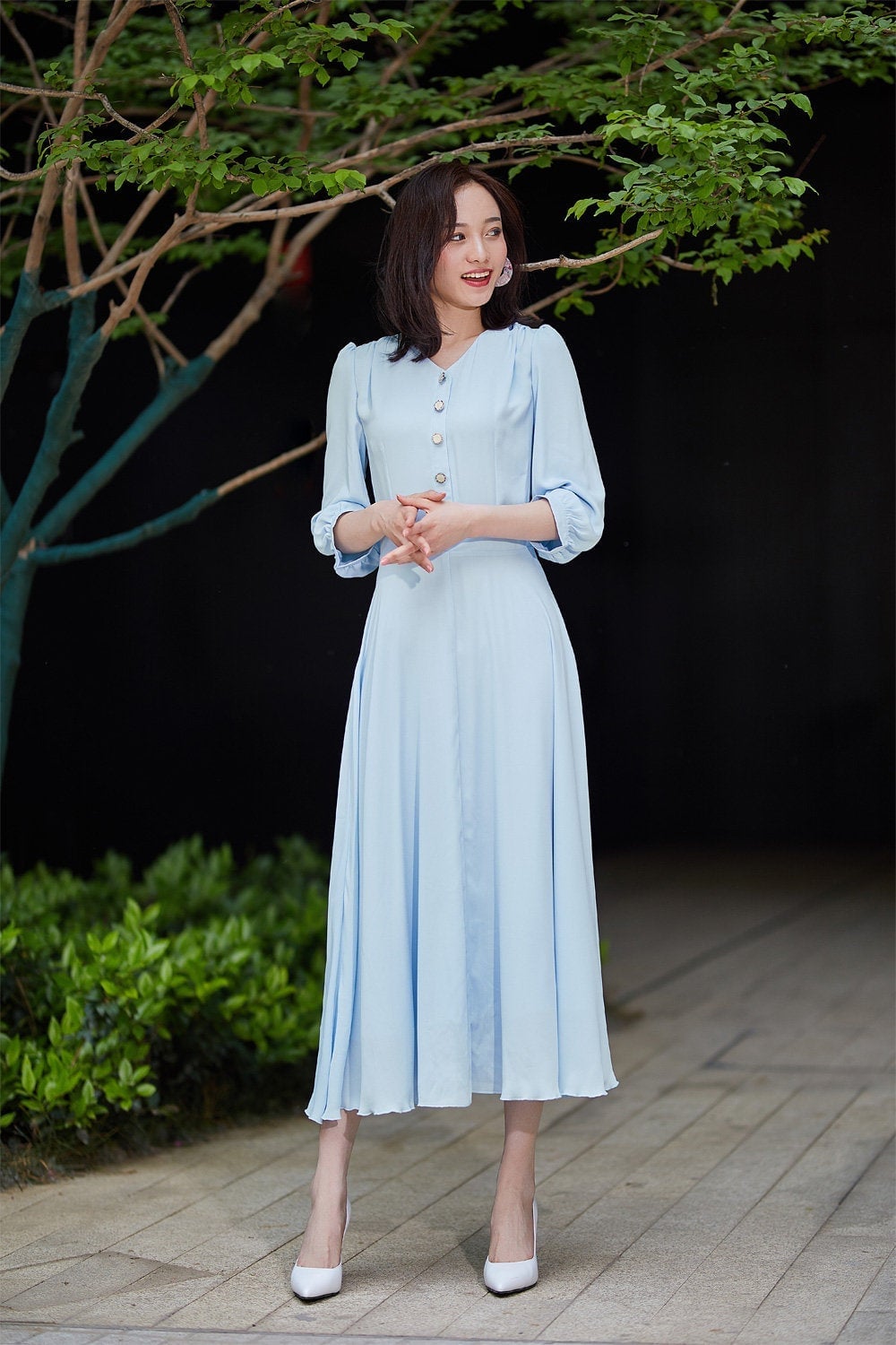 Light blue chiffon midi dress with pleated skirt — Classy Light Blue Outfits