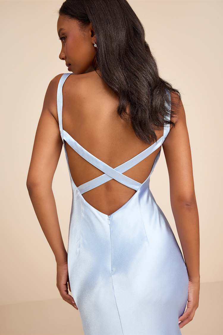 Light blue satin maxi dress with criss-cross straps — Classy Light Blue Outfits