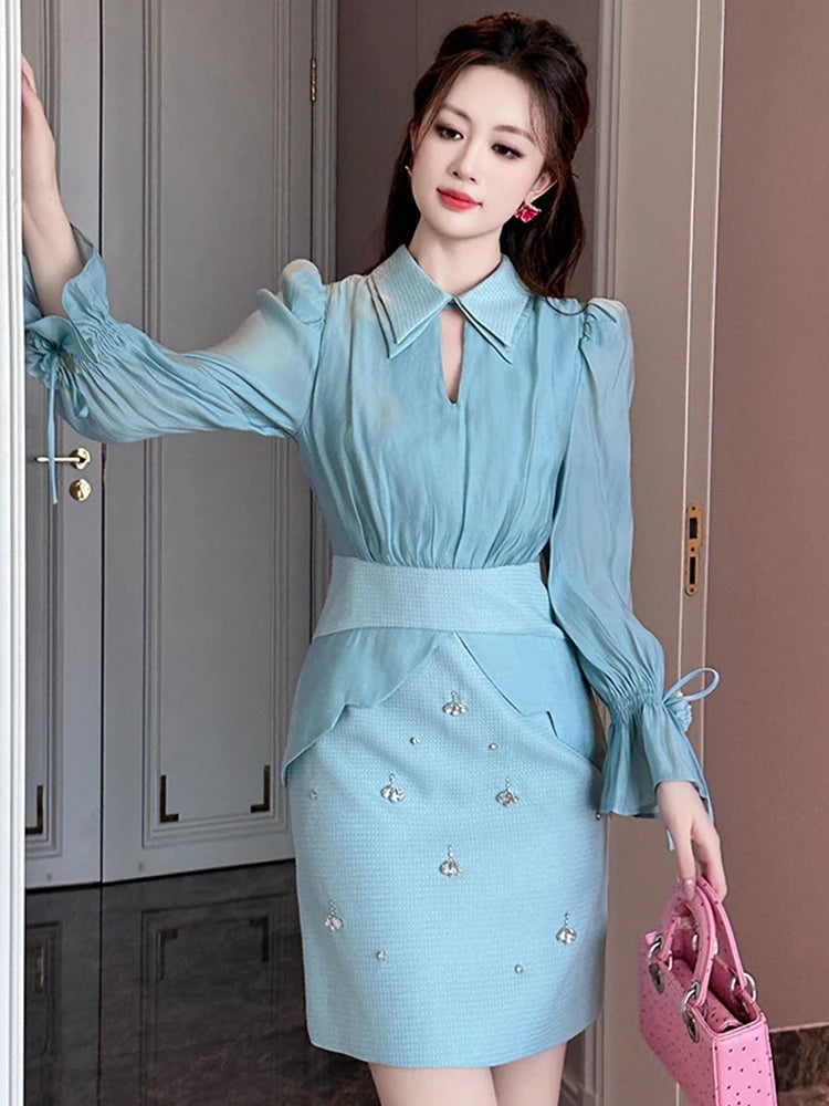 Light blue dress set with collared blouse and embellished skirt — Classy Light Blue Outfits