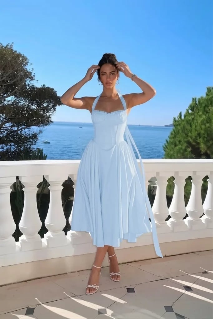 Light blue cotton poplin halter neck midi dress — Classy Light Blue Outfits