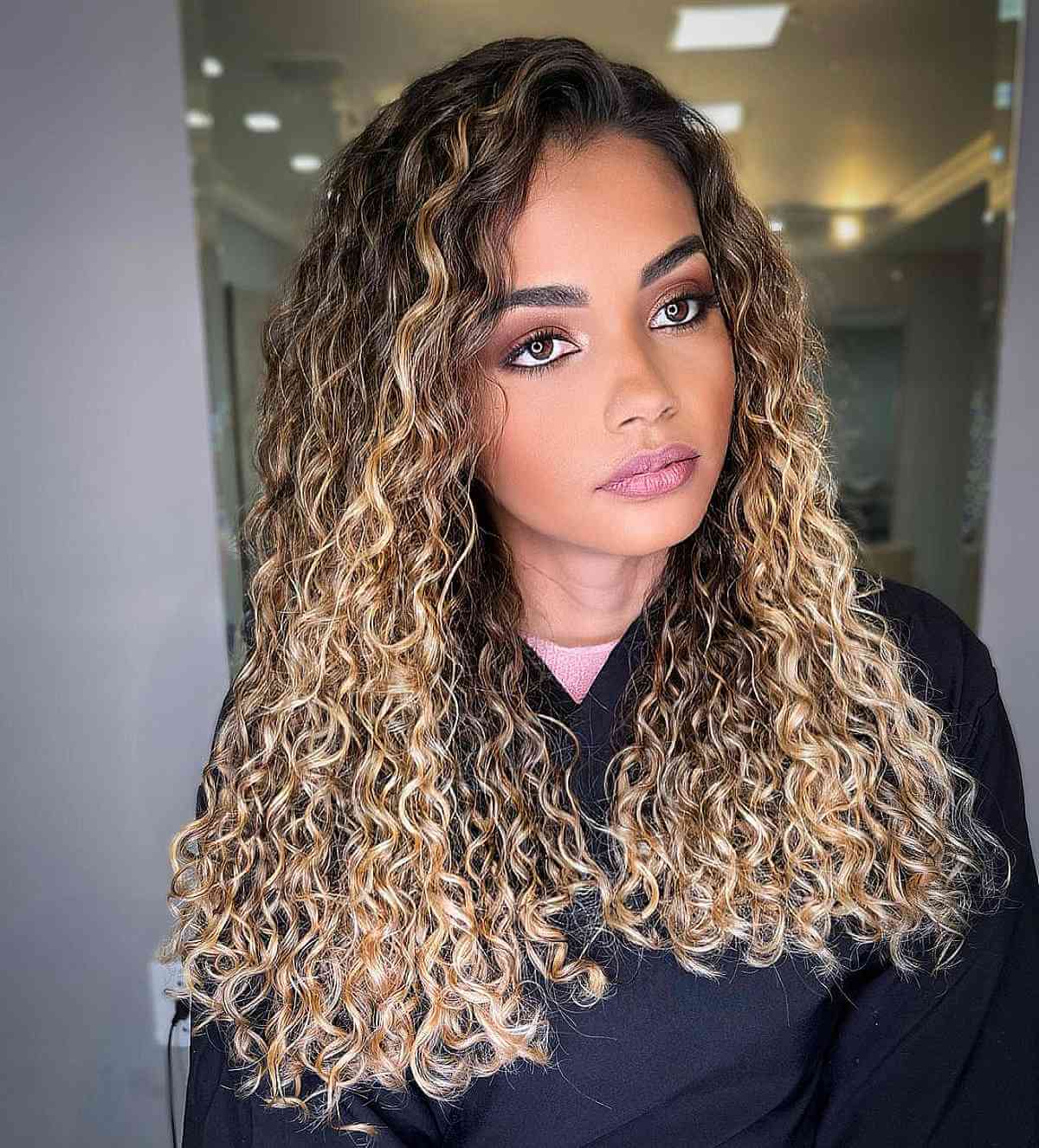 Mid-Back Length Curly Hair With Blonde Balayage, Side — Classy Long Curly Hair