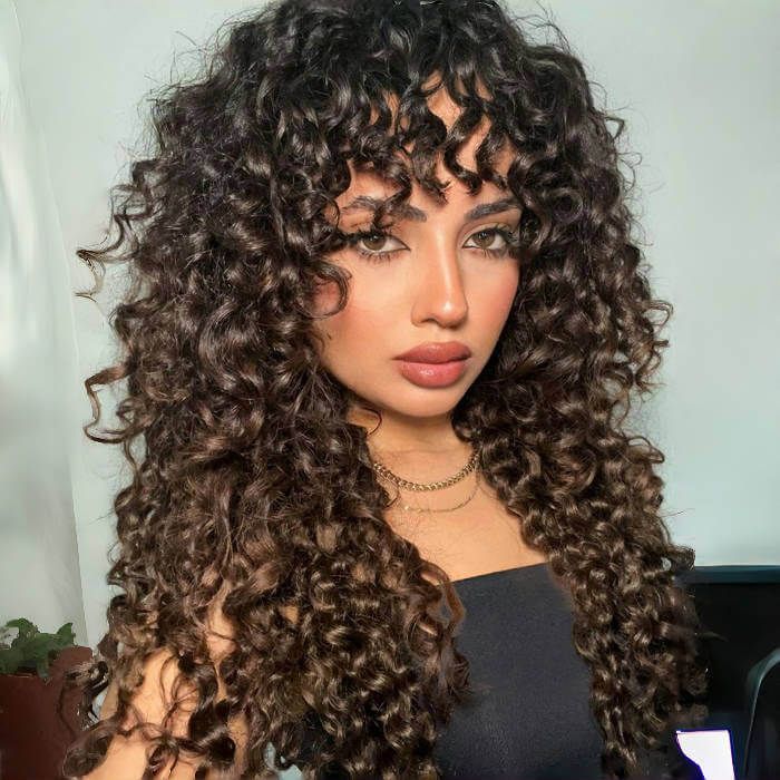 Mid-Back Length Dark Brown Curly Hair With Curtain Bangs, Layers — Classy Long Curly Hair