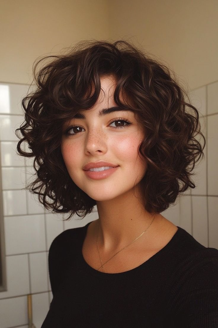 Collarbone Shag with Curly Bangs and Dark Brown Collarbone Shag with Curly Bangs and Dark Brown — Classy Medium Curly Hair
