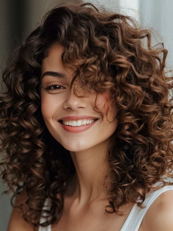 Shoulder Layers with Face-Framing Curtain Bangs Shoulder Layers with Face-Framing Curtain Bangs — Classy Medium Curly Hair