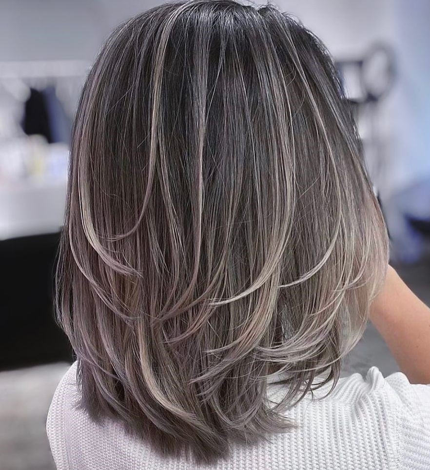 Ash Brown Layered Bob With Gray Highlights — Classy Medium Length Hair