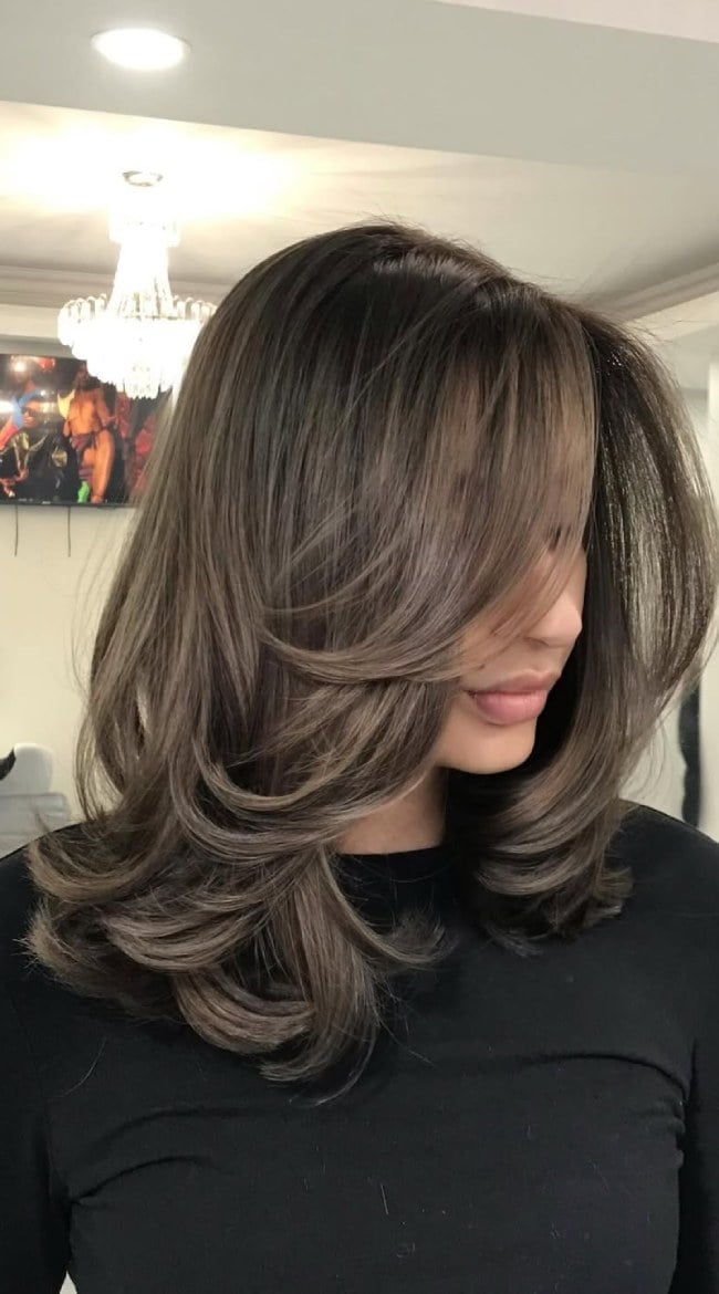 Layered Dark Brown Lob With Curtain Bangs — Classy Medium Length Hair