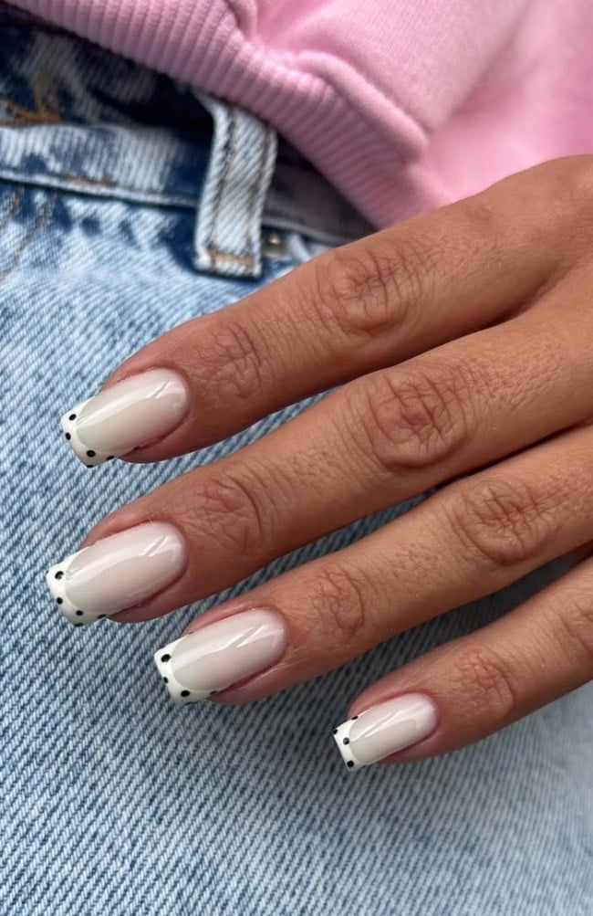 Black Dot Detail Medium Square French — Classy Medium Square Nails