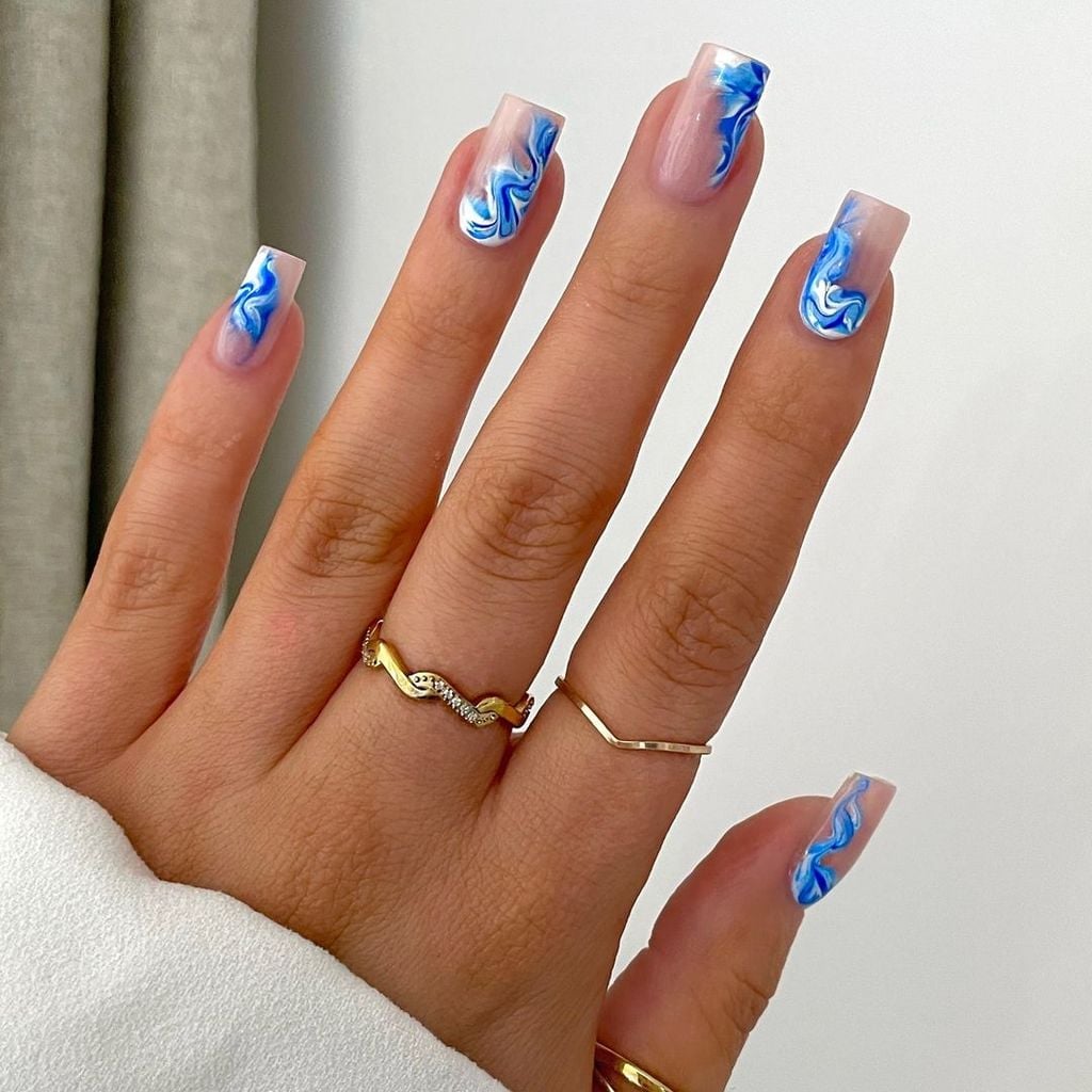 Blue White Marble Medium Square Nails — Classy Medium Square Nails