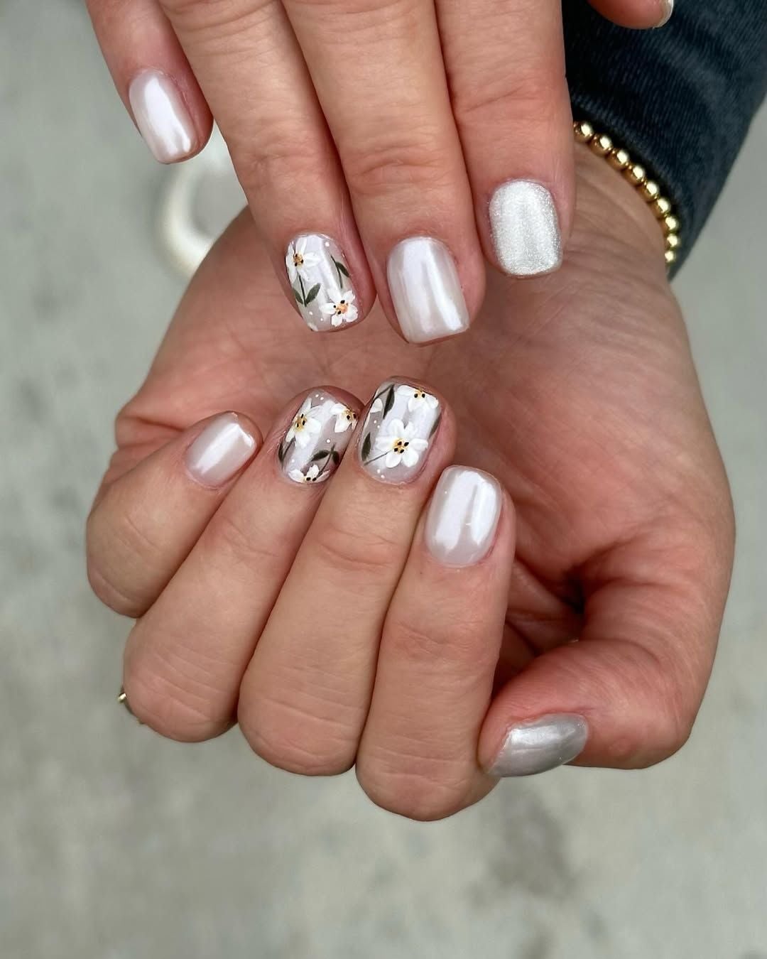 Floral Pearlescent Medium Square Nails — Classy Medium Square Nails