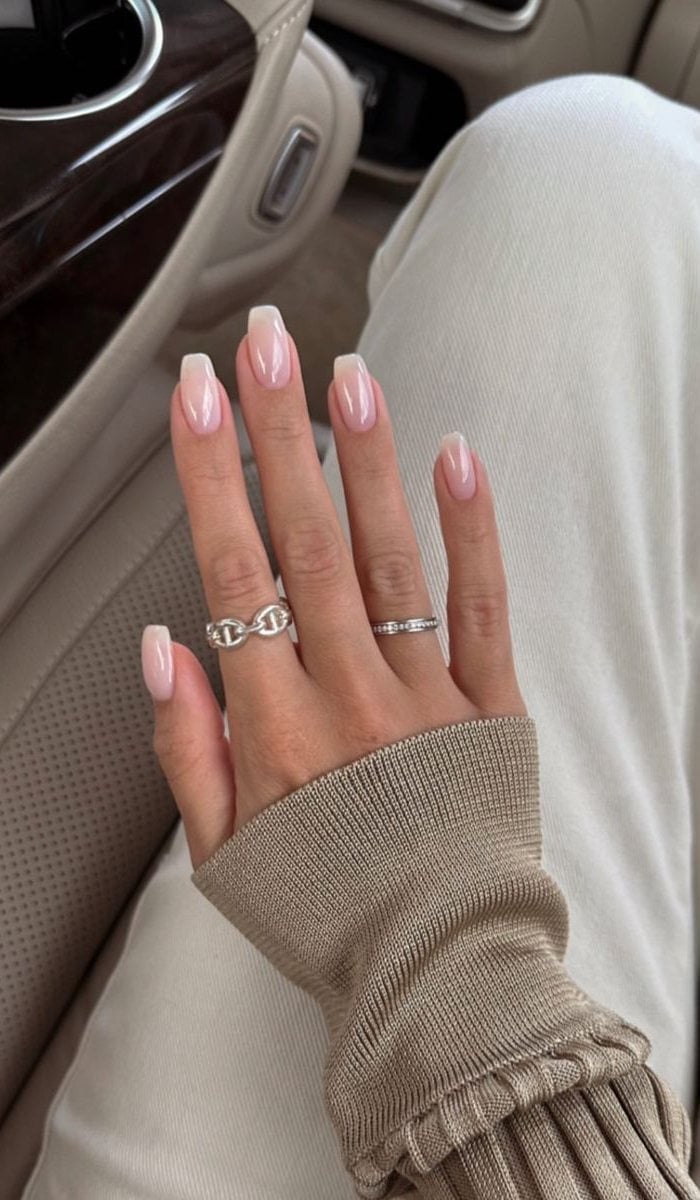Sheer Pink Beige Medium Square French — Classy Medium Square Nails