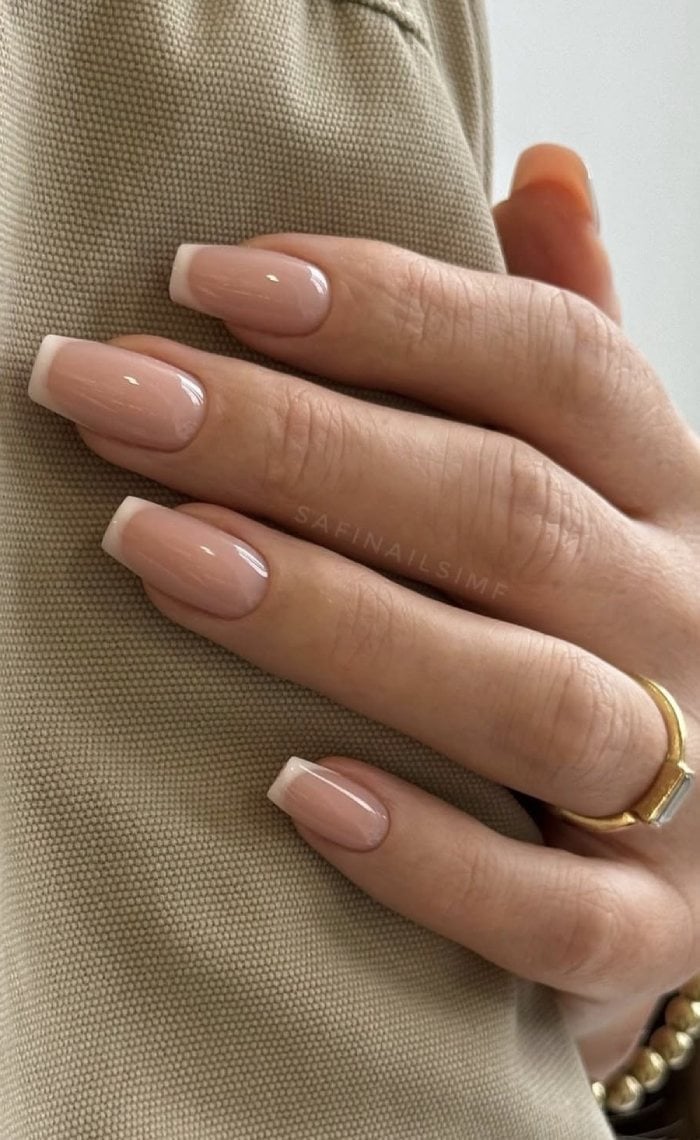 Glossy Nude Base Medium Square French — Classy Medium Square Nails