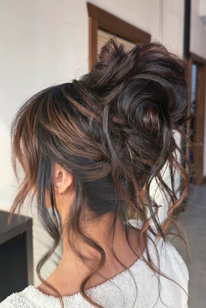 Textured Dark Brown High Updo with Curls — Classy Messy Bun Updo