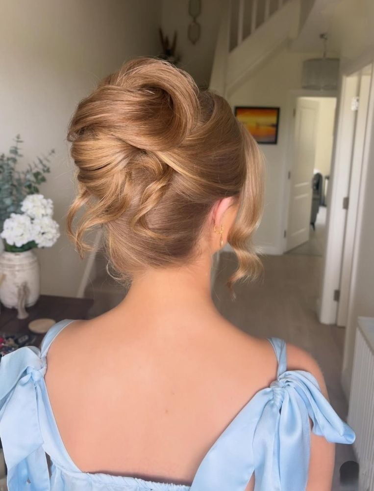 Honey Blonde Intricate Updo with Curls — Classy Messy Bun Updo