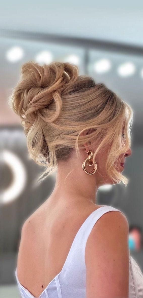 High Voluminous Honey Blonde Messy Bun with Wavy — Classy Messy Bun Updo