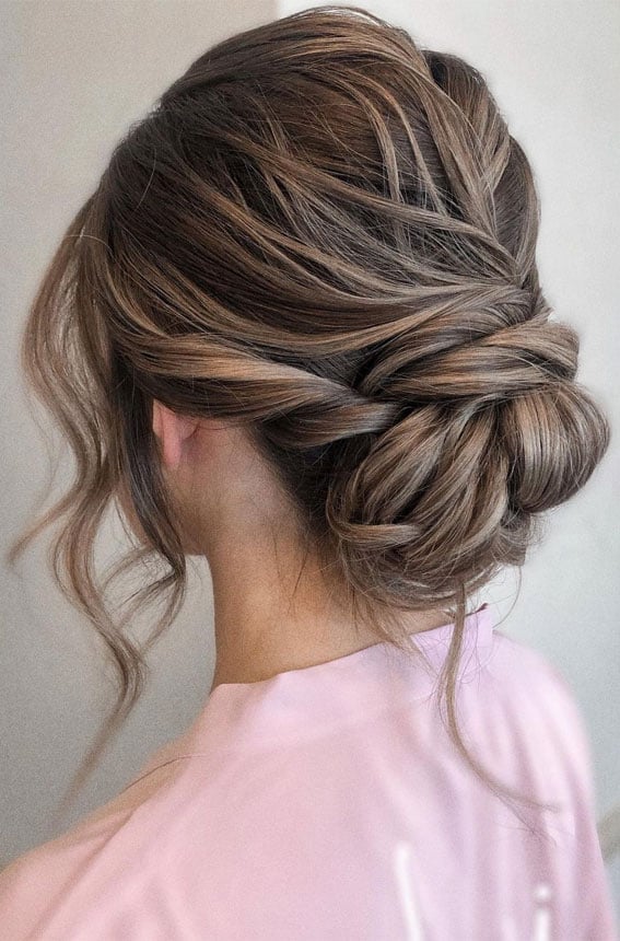 Textured Brown Updo with Loose Strands — Classy Messy Bun Updo