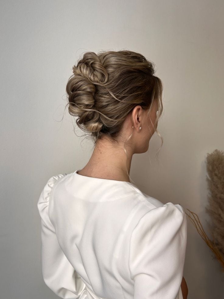 Textured Ash Blonde Rolled Updo with Wavy — Classy Messy Bun Updo