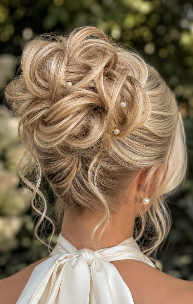 Pearl-Accented High Bun with Face-Framing Curls — Classy Messy Bun Updo