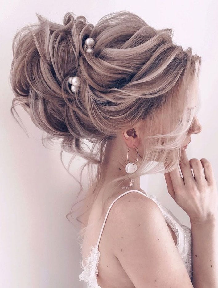 Voluminous Ash Blonde Textured Updo with Pearls — Classy Messy Bun Updo